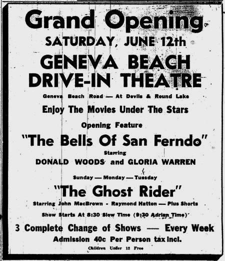 Geneva Beach Drive-In Theatre - GENEVA BEACH GRAND OPENING AD 6-11-48